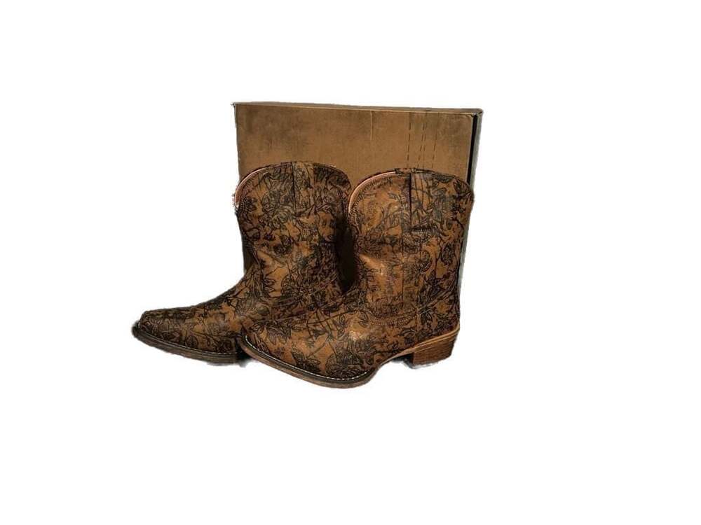 Roper Emma Floral Tan Vintage Faux Leather Snip Toe Western Ankle Boots
